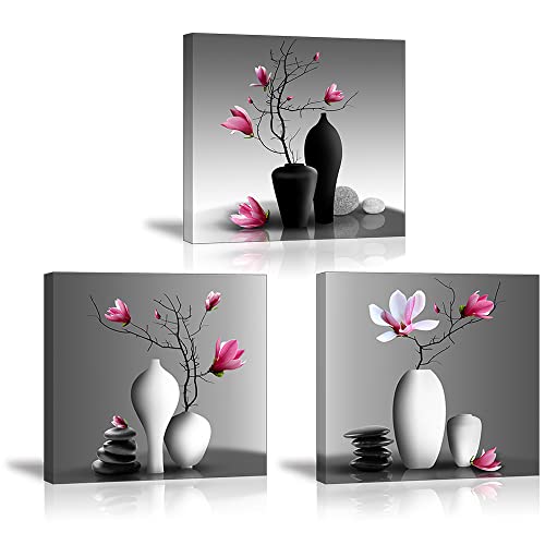 Flower Wall Art For Bathroom Hallway, Sz Elegant Rchid Still Life Canvas Painting Prints, Pink Magnolia In Black And White Vases Picture (Ready To Hang, Waterproof Decor) #TOP10