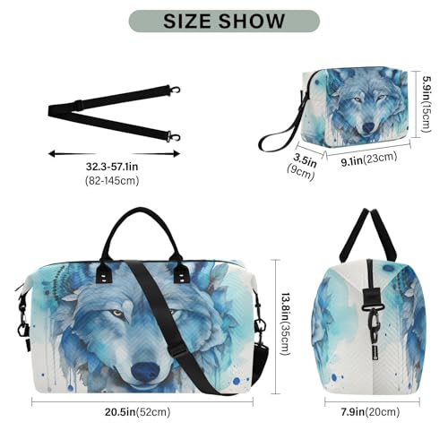 Large Travel Duffel Bag, Watercolor Face Wolf Sports Tote Gym Bag, Shoulder Weekender Overnight Bag for Women Men, Carry On Luggage with Toiletry Bags3