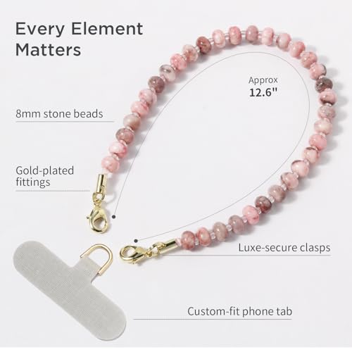 Image of POSADINA Natural Stone Phone Charm, Beaded Healing Phone Wrist Strap, Handmade Cellphone Chain Lanyard with Tether Tab