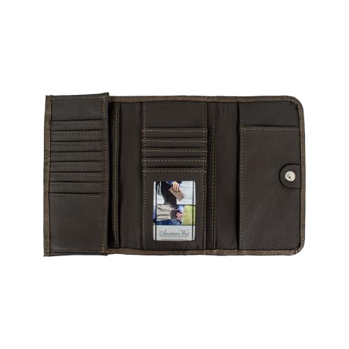 Image of American West Hand Tooled Handcrafted 100% Genuine Leather Tri-Fold Wallet for Women Credit Card Slots Cash Pocket and Clear ID Holder Western (Denim Blue)