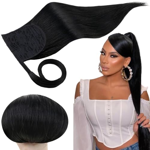 RUNATURE Black Human Hair Ponytail Extensions Real Hair Jet Black Ponytail Human Hair Extension Balck Clip in Ponytail Hair Extensions Straight 20 Inch 80 Gram