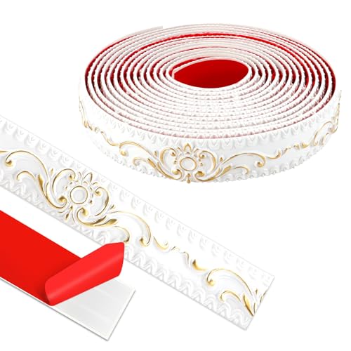 ZTVOWTO 500 cm * 3,6 cm, 3D, moldes decorativos para parede, autocolante para parede para bordas de espelhos, móveis, molduras de portas, tetos, decoração de casa (branco com ouro)