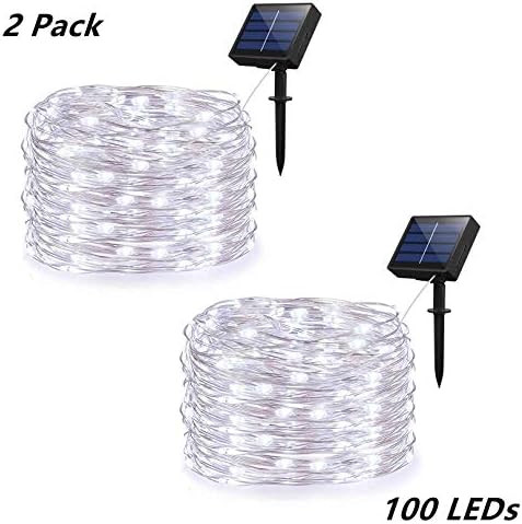 Zezuxy Solar String Lights, 2 Pack Outdoor String Lights with 8 Modes 100 LEDs 33ft Silver Wire, Waterproof Solar Powered Fairy Lights for Garden Yard Patio Dancing Party Trees(Cold White)