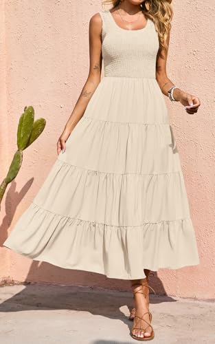 Image of PRETTYGARDEN Women's 2026 Casual Loose Plain Maxi Sundress Smocked Tank Dress Sleeveless Summer Beach Tiered Long Dresses