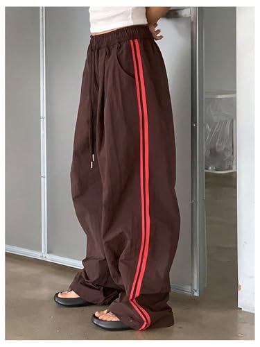 GORGLITTER Women's Y2k Baggy Track Pants Wide Leg Parachute Pants Side Strip High Waisted Drawstring Trousers4