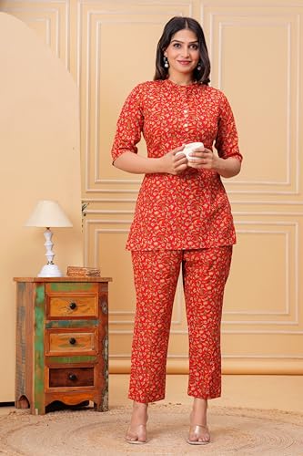 Image of Women Cotton Printed Co-Ord Set Kurta with Pant Set | Cotton Floral Printed Anarkali Maternity Feeding Kurta with Zipper /Maternity