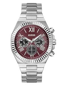Guess Silver-Tone And Maroon Multifunction Watch