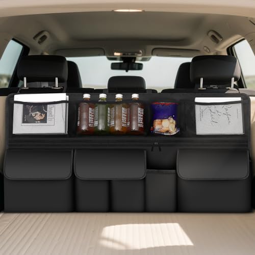 BAVATEE Organisateur De Coffre De Voiture, Rangement Coffre De Voiture 9 poches, Amenagement Van avec fermeture Attache en tissu(105 x 51 cm)