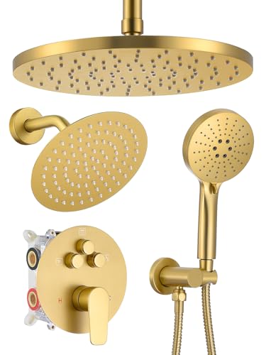 Image of Woindo Shower Faucet Set 10 inch Rain Shower Head /8'' Side Shower Head and 3 Setting Handheld Ceiling Mount 3 Push Button Diverter Complete Rainfall Round Shower System Included Valve Trim Kit