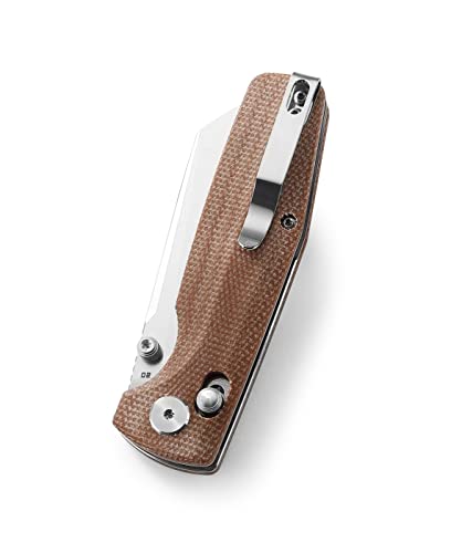 Bestech Knives Pocket Folder Folding Knife: 3.07" D2 Steel Cleaver Stonewashed Blade, Micarta Scales, Thumbstud, B-Lock, Edc Steel Clip, Bg43D (Natural) #TOP5