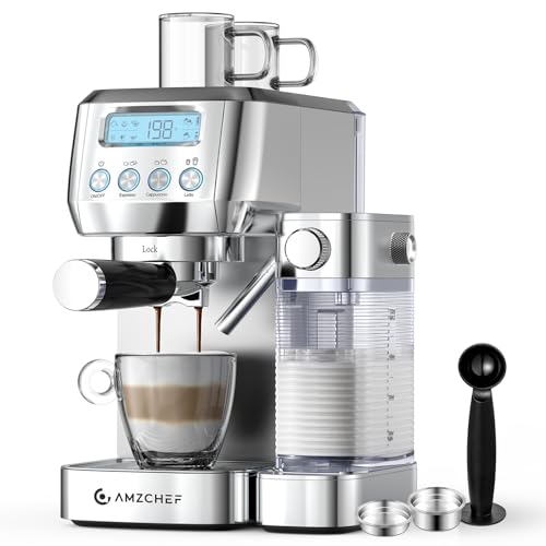 AMZCHEF Espresso Machine, Auto Milk Frother, 20 Bar Pressure, Silver