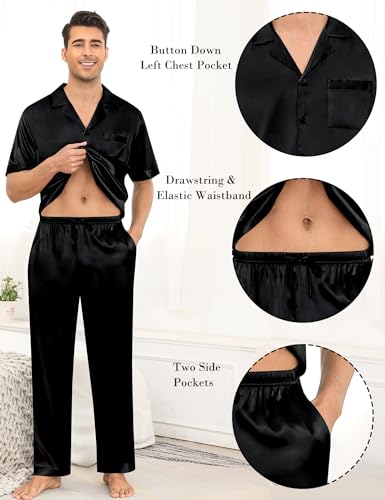 Image of SWOMOG Mens Satin Pajama Set Short Sleeve Classic Sleepwear Button Down Silky Loungewear with Long Pants Solid Black Medium