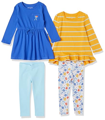 Image of Amazon Essentials Girls and Toddlers' Long-Sleeve Ruffle Outfit Set with Bowknot Design, Pack of 4