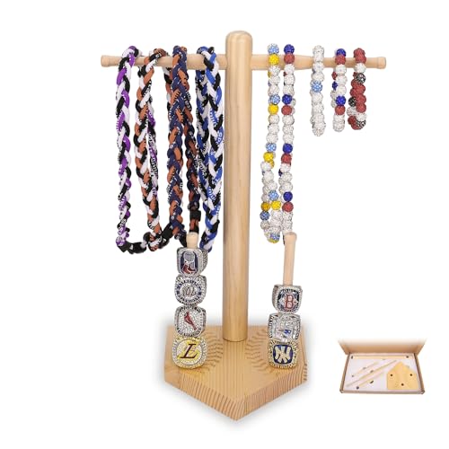 Baseball Ring Display Holder for Championship Rings, Wooden Sports Jewelry Organizer with Bat Stand for Baseball Softball Players, Athlete Gift Display Case for Rings Bracelets Medals, wood color