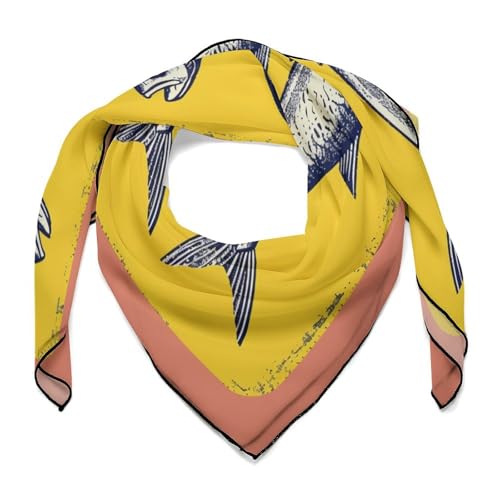 Retro Sardine Fish Women Hair Scarf Square Silk Like Head Scarves Handkerchief Satin Neck Scarf