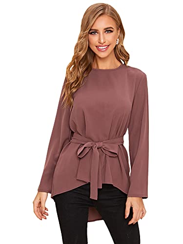 Floerns Women s Casual Long Sleeve Tunic Tops High Low Belted Blouse Tops Redwood M