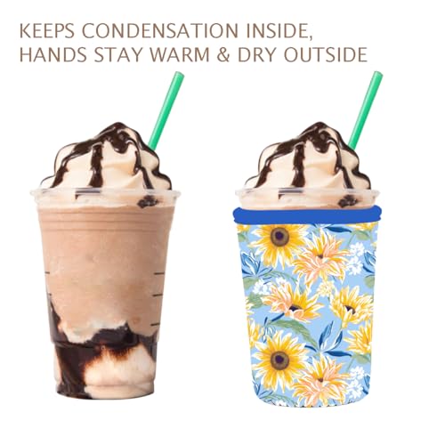 Image of Reusable 3-Pack Iced Coffee Cup Sleeve, Insulated Neoprene, Beverage Holder for Iced Coffee, Durable Drink Sleeve for Cold Beverages, Sunflower Smile