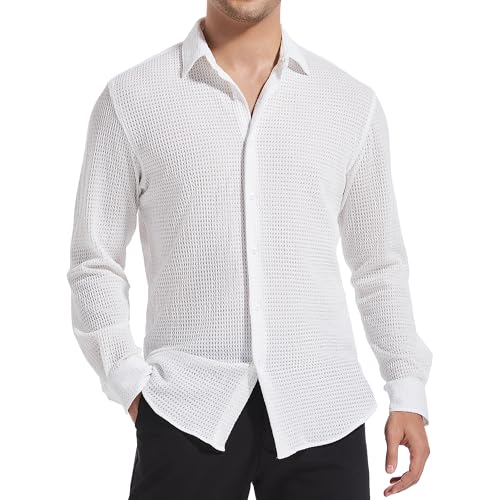 Esabel.C Mens Breathable Button Down Shirt Long Sleeve Knit Button Up Shirt Fashion Casual Dress Shirts for Men,White,XL