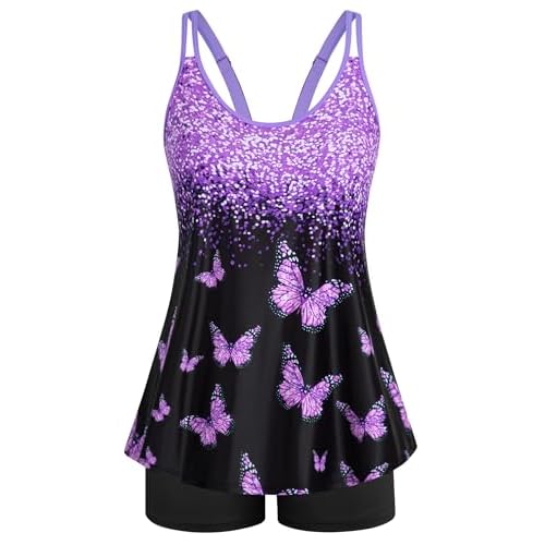 Arolina Tankini Swimsuits for Women Tummy Control Two Piece Bathing Suits Flowy Swim Tops with Boy Shorts Purple Butterfly Large