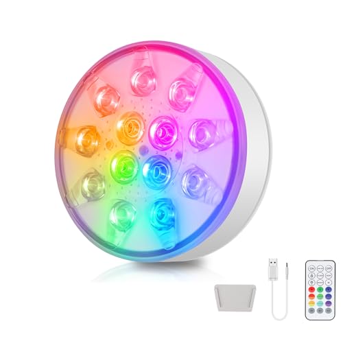 LuJasi 1 Pièce Lumière LED Sous l’Eau Rechargeable avec Télécommande, Lampe LED Étanche IP68 16 Couleurs pour Bassin, Fontaine, Aquarium et Spa