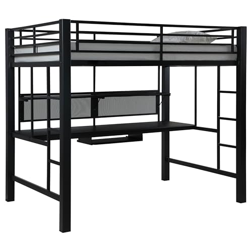 Coaster Home Furnishings Avalon Contemporary Metal Full Size Workstation Loft Bed Frame with Ladder and Guardrails Fully Slatted Mattress Ready Foundation Black 460023
