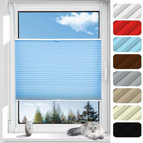 No Drill Blinds Non-woven, 35 x 220 cm Easy-to-Hang, Custom Size Custom Pleated Blind with NO Drilling Includes All Assembly Parts, for Patio Doors Bedroom, Sky Blue