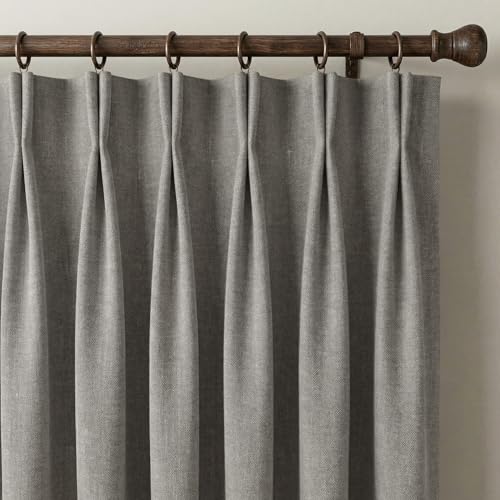 NICETOWN Stone Grey Pinch Pleated 395GSM Linen Curtains 84" Long - Elegant Room Darkening Drapes for Patio Sliding Door, Double-Sided Thermal Insulate