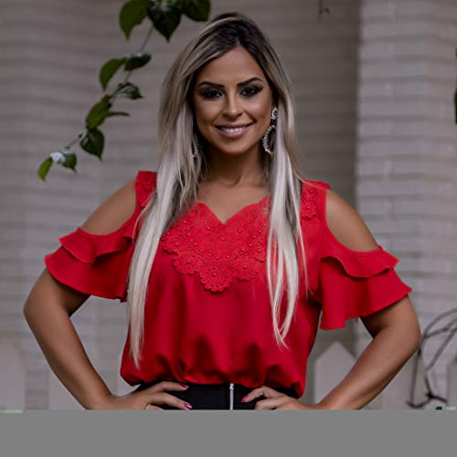 Blusa Feminina Social Moda Evangelica Detalhe Perola E Renda (M/40-42, Vermelho)