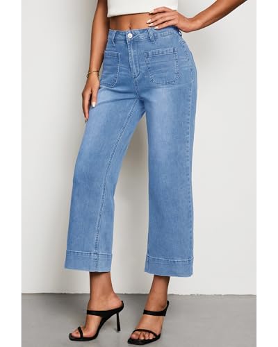 LookbookStore Wide Leg Pants Womens Stretchy Light Blue Jeans Crop Cropped Flared Flare Western Wear for Size Medium Size 8 10