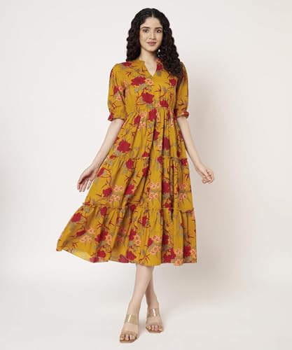 Image of PIDAVLIYA'S Women's Cotton Floral Printed Midi Dress | V-Neck Fit & Flare Dress with Puff Sleeves | Casual Summer Wear
