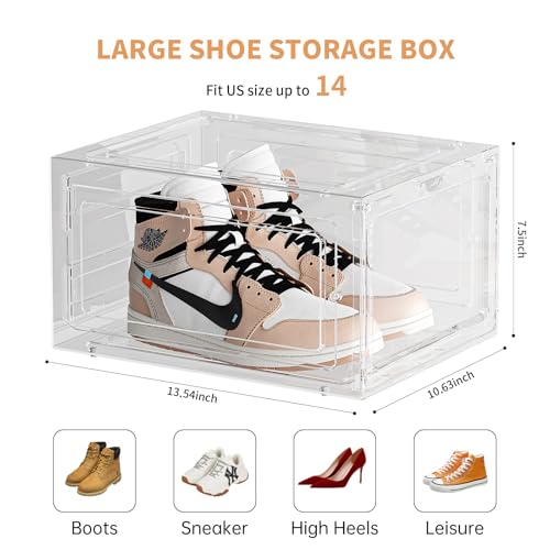 Upgraded Thickened Sturdy Large Shoe Boxes Clear Plastic Stackable 9 Pack Shoe Storage Organizer for Closet/Entryway, Drop front Shoe Box with Magnetic Door, Shoe Display Case, Fit up to US size 14