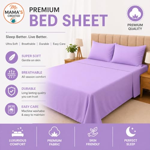 Image of Queen Size Bed Sheet - 600 Thread Count Single Flat Sheet Only - Long Staple Egyptian Cotton Top Sheet Wrinkle & Fade Resistant - Lilac