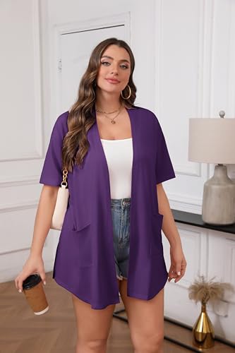 Image of IN'VOLAND Women Plus Size Lightweight Cardigan Short Sleeve Open Front Casual Summer Kimonos Cardigans with Pockets