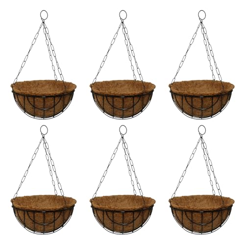 BonKaso 10-Inch Coir Hanging Basket with Metal Chain (Set of 6) | Coco Liner Hanging Planter for Balcony, Garden, Indoor & Outdoor Use | Decorative Hanging Pot for Plants (Brown)