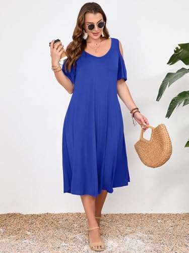 Image of LARACE Plus Size Women Dress for Summer, Midi Women's Sundress, Casual V-Neck Short Sleeve Flowy T-Shirt Dresses with Pockets