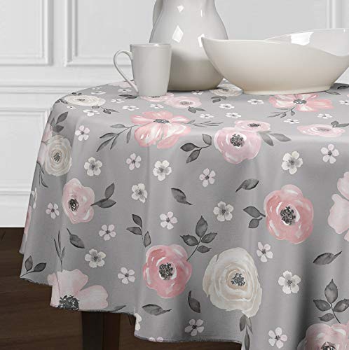 A LuxeHome Blush Pink Grey Beige Tan White Shabby Chic Watercolor Rose Floral Flower Small Overlay Cover Tabletop Tablecloth for Dining Room Kitchen Round 60"