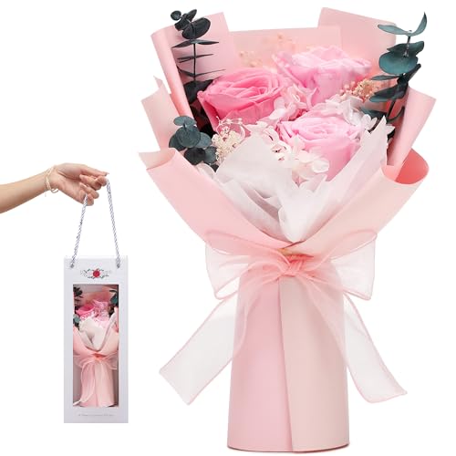 Image of Flower Bouquet Gifts for Her, Flowers for Delivery Prime, Preserved Roses Flower Gifts for Women, Valentines Flowers, Mom Gifts from Daughter Son, Birthday Gifts, Real Roses,Pink Roses