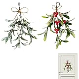 PCTSMART 2 Stück Künstlicher Mistelzweig Weihnachtsdeko Set mit weißen Beeren und roten Beeren, gefleckten Blättern und Schnee-Effekt, hängende Mistel Dekoration mit Juteseil-Schleife für Tür Fenster