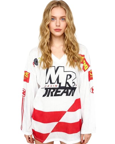 Suillty Women's Contrast Letter Print Long Sleeve Loose T-Shirt Y2k V-Neck Oversized Shirt Dress White