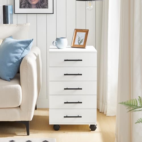 Image of HOOBRO 5-Drawer File Cabinet, Office Filing Cabinet with Drawers, Wooden Mobile Storage Cabinet with Wheels, for Makeup, Home Office, Easy Assembly, White WT05WJ01G1