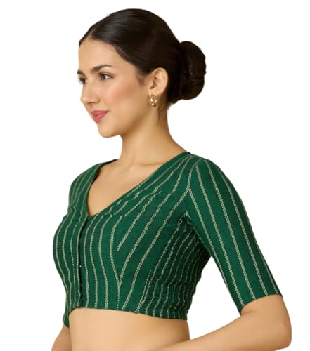 Image of Studio Shringaar Women Cotton Half Sleeve Side Stretchable (Smocked) Readymade Saree Blouse