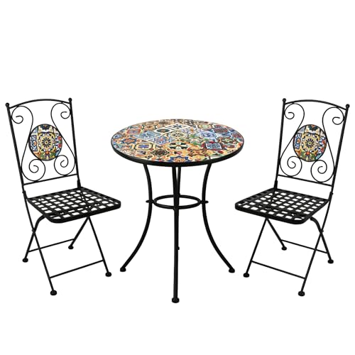 Little Big Nove Mosaic Tile Furniture Bistro Set (1 Table, 2 Chairs) Indoor Outdoor 3 Piece Patio Seating Portable for Porch, Balcony, Garden | A - Multicolor Talavera x Grid - Multicolor Talavera