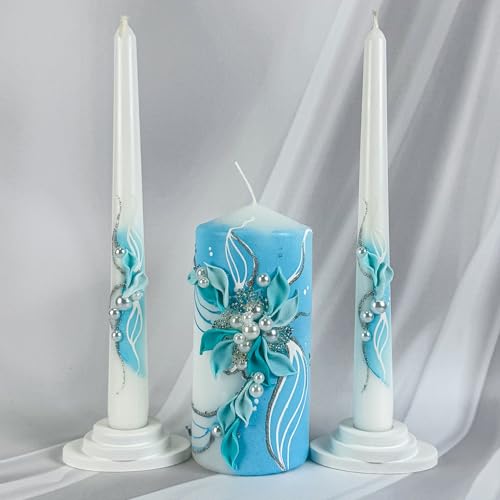 Unity Candle Set for Wedding Ceremony (White/Turquoise)