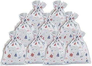 Jwssor Christmas Drawstring Bags,10 packs Xmas Gift Bags,16 x22cm Christmas Foil Bags with Ribbon for Wrapping Gifts
