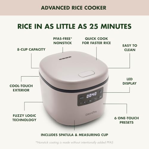 GreenPan Advanced Rice Cooker, 4-Cups Uncooked/8-Cups Cooked, Clay - Image 4