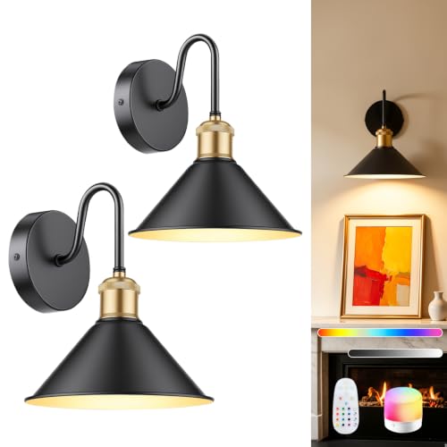 SAIMAND Battery Operated Wall Sconce Set of 2, Wireless Rechargeable Wall Lights with Remote Control, 9 Colors Dimmable LED Lamps, Modern Cordless Sconces for Bedroom Living Room Hallway (9In-Black)