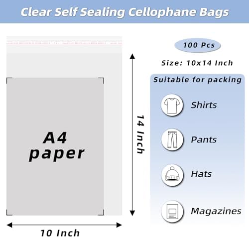 Clear Resealable Cellophane Plastic Bags Self Adhesive for Packaging Shirts, Clothing and Products,100 Pcs 10x14 Inches Self Sealing Cellophane Bags - 1