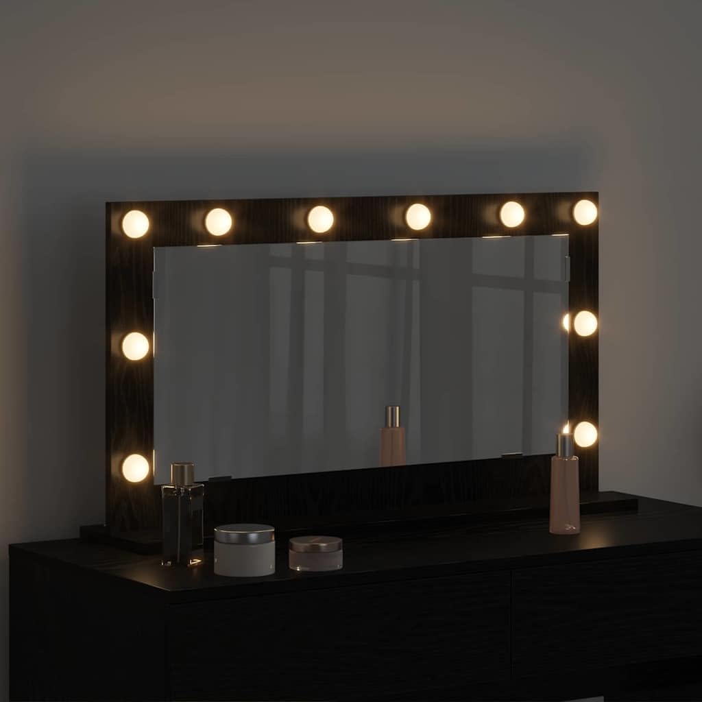 Waschtischspiegel Schwarz Eichen-Optik 80 x 45 x 18 cm mit LED-Streifen, Kosmetikspiegel für Schlafzimmer, Badezimmer und Flur, dekorativer Wandspiegel für Styling und Rasur
