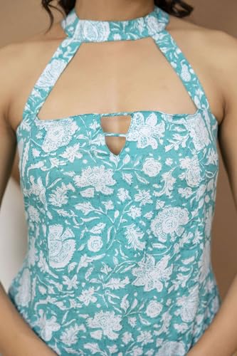Image of Women's Printed Halter Neck Kurti Top | Sleeveless V-Neck Short Tunic with Back Tie-Up | Casual Ethnic & Summer Wear