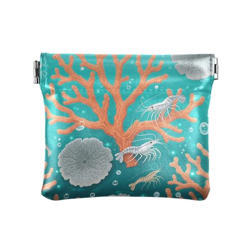 Coral and Shrimp Patterns Mini Coin Purse, Leather Small Coin Wallet, Leather Squeeze Coin Purse Pouch Change Holder For Men & Women